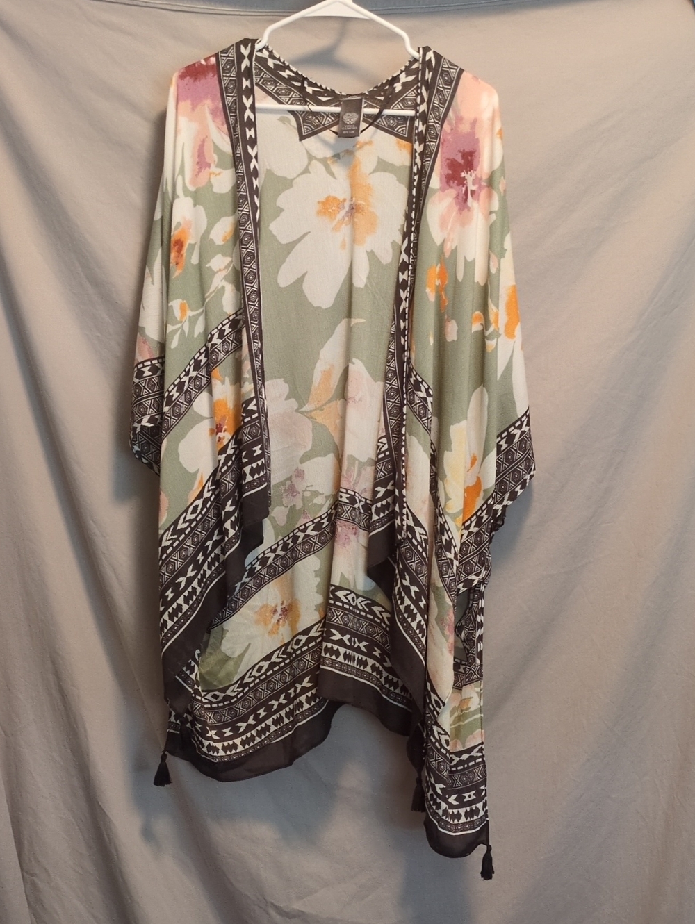 Floral Open-Front Kimono - Sage Green With Tassles